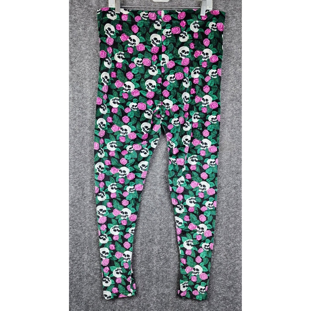 Serra Skull Rose Floral Leggings Women XL Black Pink Gothic Edgy Soft Stretch
